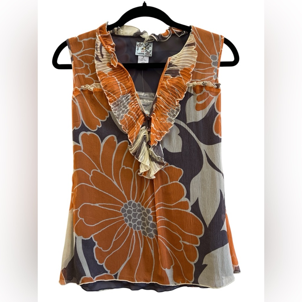 Anthro Tabitha Silk Floral Ruffle Blouse Top Orange Brown Size 4 Boho Romantic